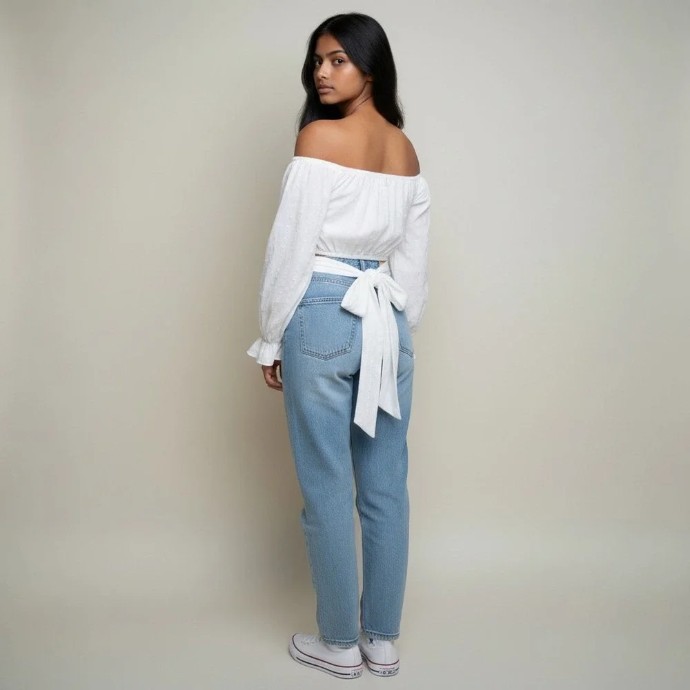DISSH White Cotton Wrap Tie Back Crop Top Long Sleeve Off Shoulder Gauze Size 10